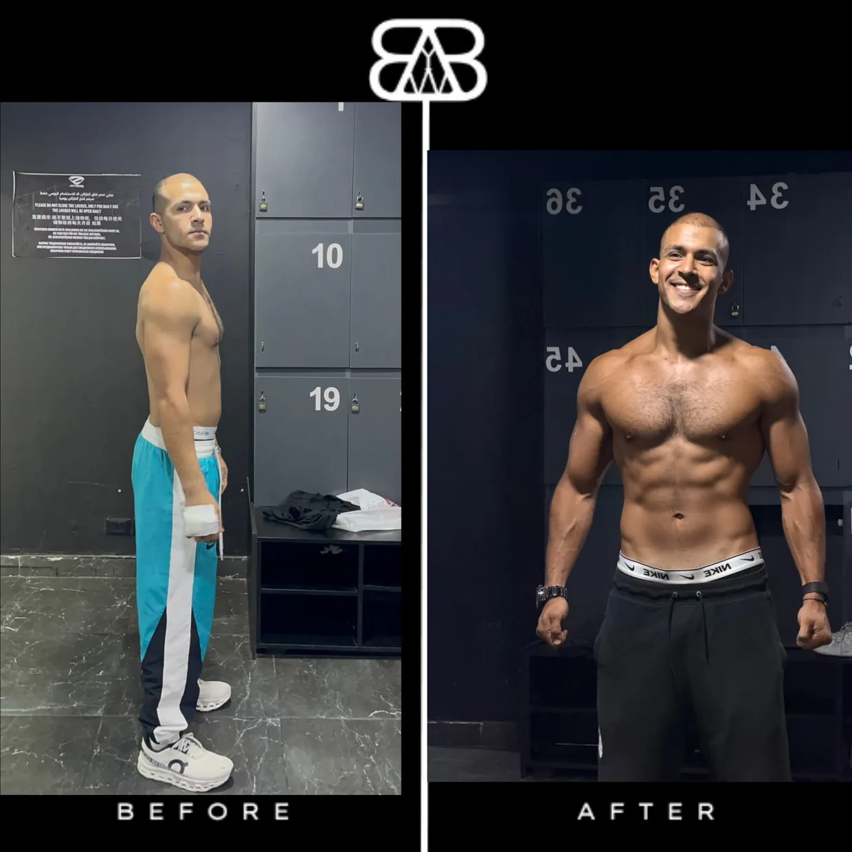 Ebrahim, the coach — his own before and after, side view.