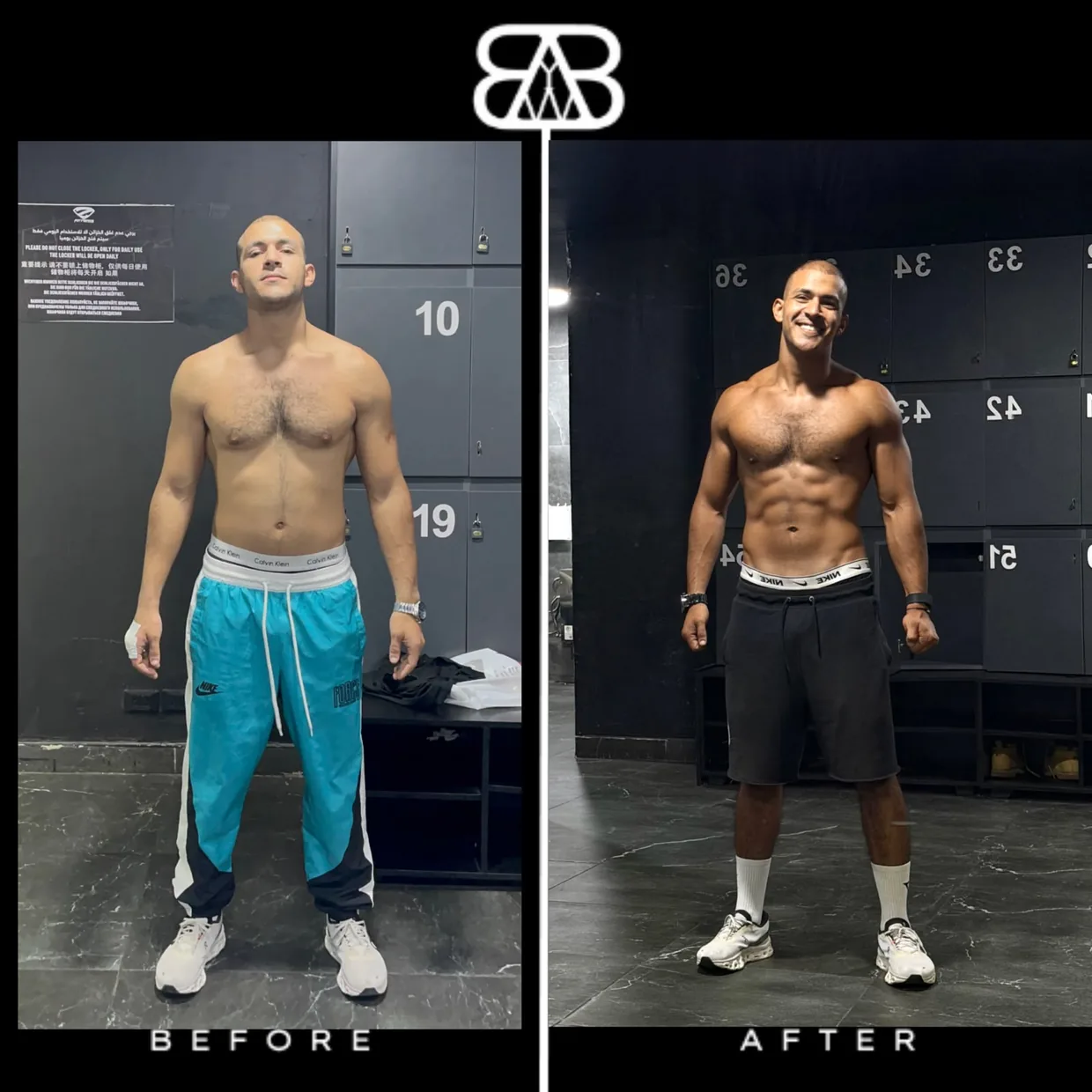 Ebrahim, the coach — his own before and after, front view.